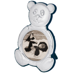 Teddy Bear Photo Frame 925 Sterling Silver English Hallmarks with Blue Velvet Back 8cm Diameter