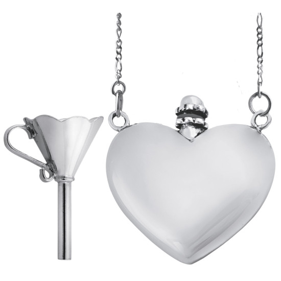 Heart Perfume Bottle and Funnel Set Victorian Style 925 Sterling Silver English Hallmarks on 26" Silver Trace Chain