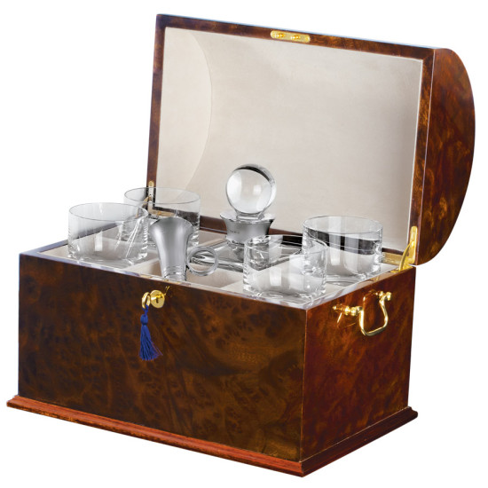 VIP Drinks Set 925 Sterling Silver English Hallmarks With Glass Crystal Housed in a Burr Wood Cabinet