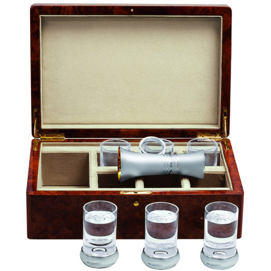 VIP Drinks Set 925 Sterling Silver English Hallmarks With Glass Crystal Housed in a Burr Wood Cabinet