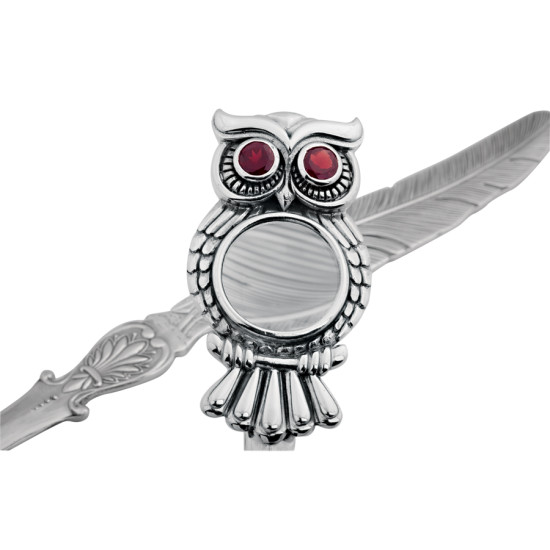 Owl Magnifying Glass Paper Knife Letter Opener 925 Sterling Silver English Hallmarks Set with Garnet