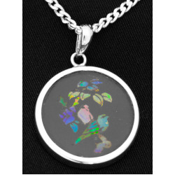Pietra Dura Bird Mosaic Opal Inlay Pendant Vintage Style 925 Sterling Silver Set on Black Onyx on 18" Sterling Silver Chain