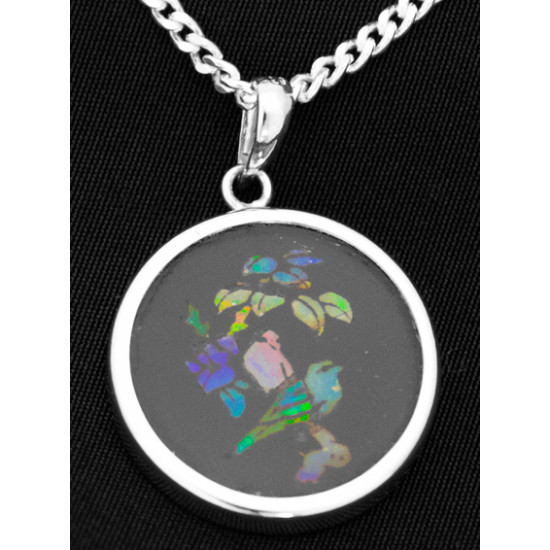 Pietra Dura Bird Mosaic Opal Inlay Pendant Vintage Style 925 Sterling Silver Set on Black Onyx on 18" Sterling Silver Chain