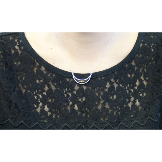 Vintage Crescent Shaped Necklet 925 Sterling Silver Set With Real 24 Carat Gold Leaf Flower In Black Acrylic on 15" Sterling Silver Chain