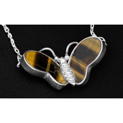 Vintage Butterfly Shaped Necklet 925 Sterling Silver Set with Tiger Eye on 15" Sterling Silver Chain