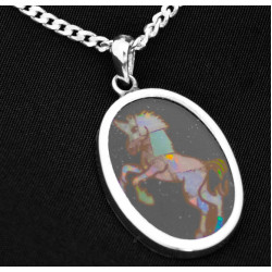 Pietra Dura Unicorn Mosaic Opal Inlay Pendant Vintage Style 925 Sterling Silver Set on Black Onyx on 18" Sterling Silver Chain