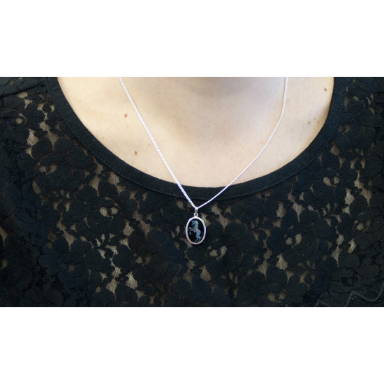 Pietra Dura Unicorn Mosaic Opal Inlay Pendant Vintage Style 925 Sterling Silver Set on Black Onyx on 18" Sterling Silver Chain