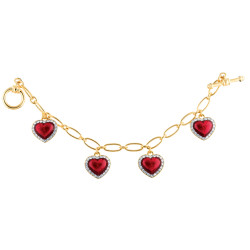 Heart Charm Bracelet Gold Plated Metal Alloy Set With Red Enamel and Sparkling Austrian Crystals