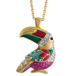 Toucan Pin Brooch Pendant Gold Plated Metal Alloy Set With Enamel and Sparkling Austrian Crystals
