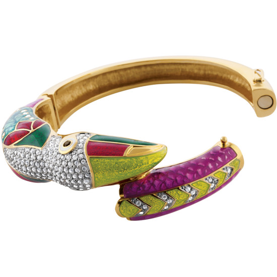 Toucan Cuff Bangle Art Deco Style Gold Plated Metal Alloy Set With Sparkling Austrian Crystals and Enamel