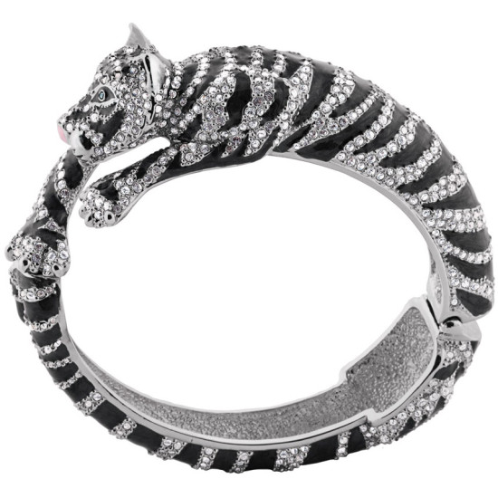 Siberian Tiger Cuff Bangle Rhodium Plated Metal Alloy Set With Enamel and Sparkling Austrian Crystals
