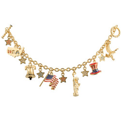 4th July American Charm Bracelet Gold Plated Metal Alloy Set With Enamel and Sparkling Austrian Crystals