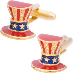 Uncle Sams Hat Cufflinks Gold Plated Metal Alloy Set With Enamel and Sparkling Austrian Crystals