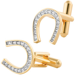 Lucky Horseshoe Cufflinks Gold Plated Metal Alloy Set With Sparkling Austrian Crystals