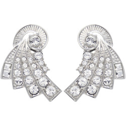 Fan Design Stud Earrings Art Deco Style Rhodium Plated Metal Alloy Set With Sparkling Austrian Crystals