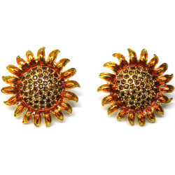 Sunflower Clip on Earrings Gold Plated Metal Alloy Set With Enamel and Sparkling Austrian Crystals