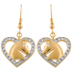 Horses Head in Heart Drop Earrings Gold Plated Metal Alloy Set With Sparkling Austrian Crystals