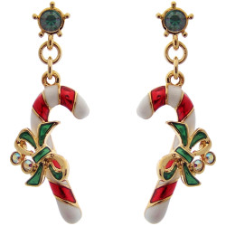 Christmas Candy Canes Earrings Gold Plated Metal Alloy Set With Enamel and Sparkling Austrian Crystals
