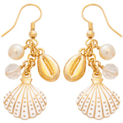 Seashell Drop Earrings Gold Plated Metal Alloy Set With Enamel and Austrian Beads