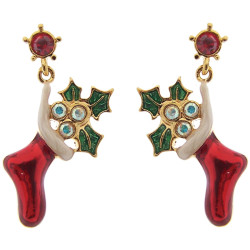 Christmas Stocking Earrings Gold Plated Metal Alloy Set With Enamel and Sparkling Austrian Crystals