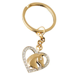 Horse Head on Heart Key Ring Gold Plated Metal Alloy Set With Sparkling Austrian Crystals