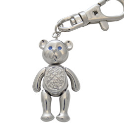Moving Teddy Key Ring Rhodium Plated Metal Alloy Set With Clear and Blue Sparkling Austrian Crystals