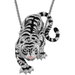 Siberian Tiger Pin Brooch Pendant Rhodium Plated Metal Alloy Set With Enamel and Sparkling Clear Austrian Crystals