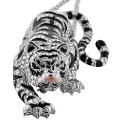 Siberian Tiger Pin Brooch Pendant Rhodium Plated Metal Alloy Set With Enamel and Sparkling Clear Austrian Crystals
