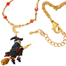 Witch on Broom Necklace Gold Plated Metal Alloy Set With Enamel and Sparkling Austrian Crystals