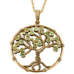Tree of Life Pendant Gold Plated Metal Alloy Set With Sparkling Green Austrian Crystals on 18" Rope Chain