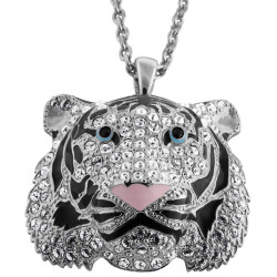 Siberian Tigers Head Pin Brooch Pendant Rhodium Plated Metal Alloy Set With Enamel and Sparkling Clear Austrian Crystals