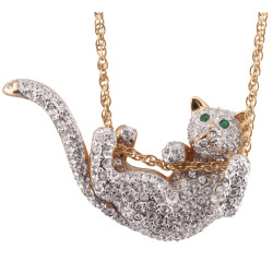 Sliding Cat Necklace Pendant Art Deco Style Gold Plated Metal Alloy Set With Sparkling Austrian Crystals