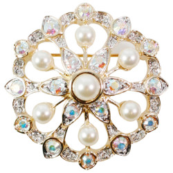 Starburst Pin Brooch Gold Plated Metal Alloy Set With Sparkling Austrian Crystals and Pearls