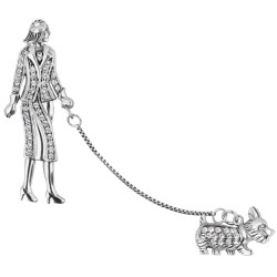 Lady Walking A Dog Pin Brooch Art Deco Style 925 Sterling Silver English Hallmarks Set With Sparkling Cubic Zirconia