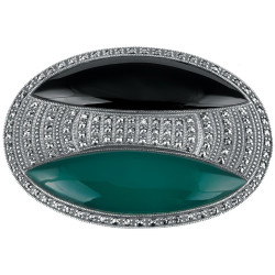Elegant Pin Brooch Art Deco Style 925 Sterling Silver English Hallmarks Set With Black Onyx, Green Agate and Marcasite