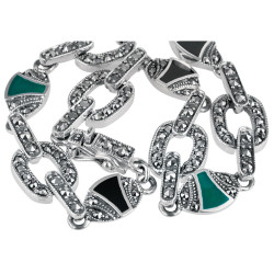 Elegant Bracelet Art Deco Style 925 Sterling Silver English Hallmarks Set With Black Onyx, Green Agate and Marcasite