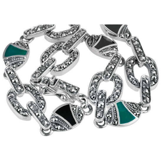 Elegant Bracelet Art Deco Style 925 Sterling Silver English Hallmarks Set With Black Onyx, Green Agate and Marcasite