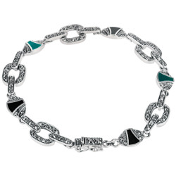 Elegant Bracelet Art Deco Style 925 Sterling Silver English Hallmarks Set With Black Onyx, Green Agate and Marcasite
