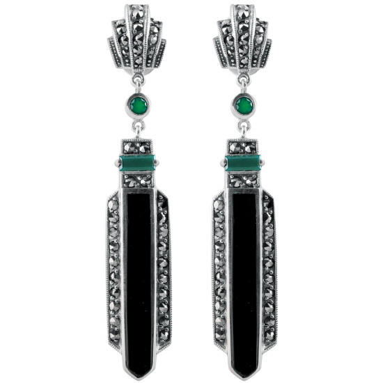 Elegant Earrings Art Deco Style 925 Silver English Hallmarks Set With Onyx Green Agate and Marcasite