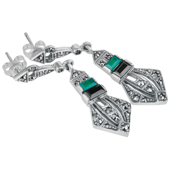 Elegant Earrings Art Deco Style 925 Silver English Hallmarks Set With Onyx Green Agate and Marcasite