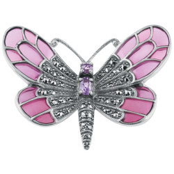 Butterfly Brooch Art Nouveau Style 925 Sterling Silver English Hallmarks Set With Amethyst Enamel and Marcasite