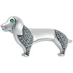 Dachshund Dog Pin Brooch Art Deco Style 925 Sterling Silver English Hallmarks Set With Marcasite and Emerald