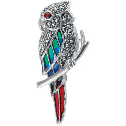 Parrot Pin Brooch 925 Sterling Silver English Hallmarks Set With Enamel Marcasite and Garnet