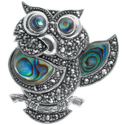 Owl Pin Brooch 925 Sterling Silver English Hallmarks Set With Abalone Shell and Marcasite
