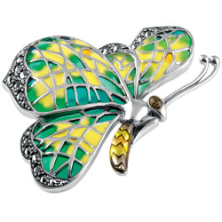Butterfly Pin Brooch Art Nouveau Style 925 Sterling Silver English Hallmarks Set With Enamel and Marcasite