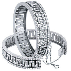 Greek Key Design Cuff Bangle Art Deco Style 925 Sterling Silver English Hallmarks Set With Austrian Crystals