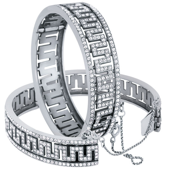 Greek Key Design Cuff Bangle Art Deco Style 925 Sterling Silver English Hallmarks Set With Austrian Crystals