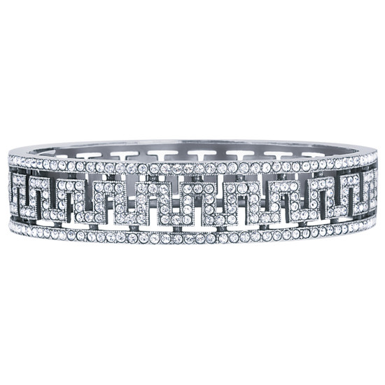Greek Key Design Cuff Bangle Art Deco Style 925 Sterling Silver English Hallmarks Set With Austrian Crystals