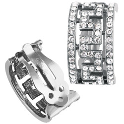 Greek Key Design Clip on Earrings Art Deco Style 925 Sterling Silver English Hallmarks Set With Austrian Crystals