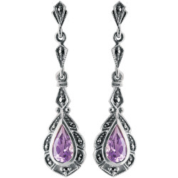 Elegant Drop Earrings Victorian Style 925 Sterling Silver English Hallmarks Set With Amethyst and Marcasite